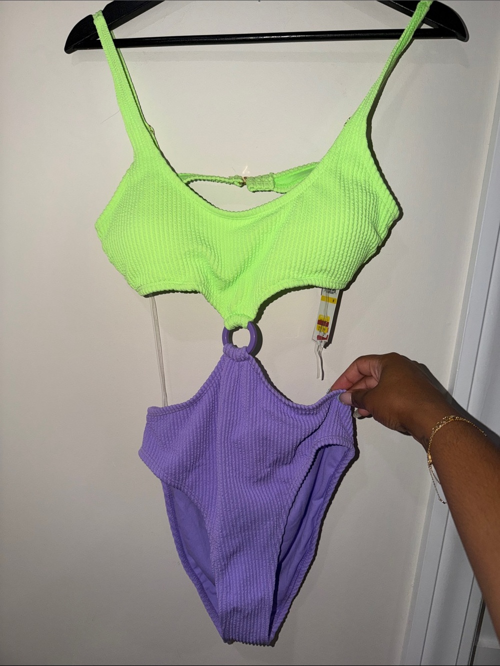 Salt + Cove Neon Green and Lavender Girls' One-Piece with Ring Detail